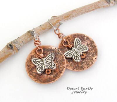 Round Copper Dangle Earrings with Silver Tone Butterflies - Earthy Nature Jewelry Gifts for Women and Teen Girls - image3